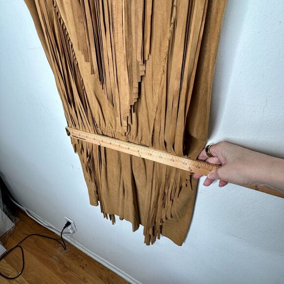 Belair Calvi Camel-Tan Goat Suede Sleeveless Fringed Scoop Neck Mini Dress T2 - Picture 13 of 16